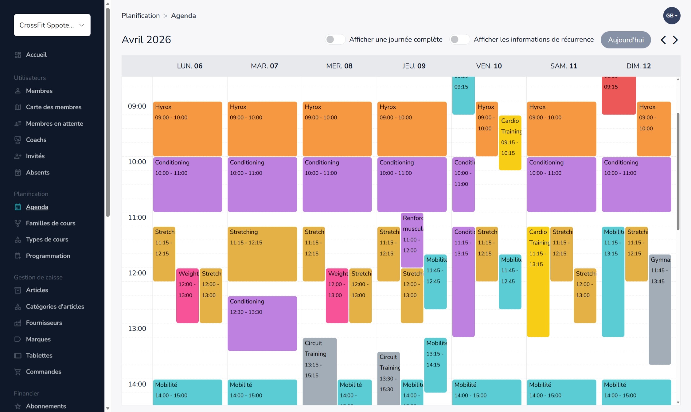 Panel administrateur Sppote — agenda